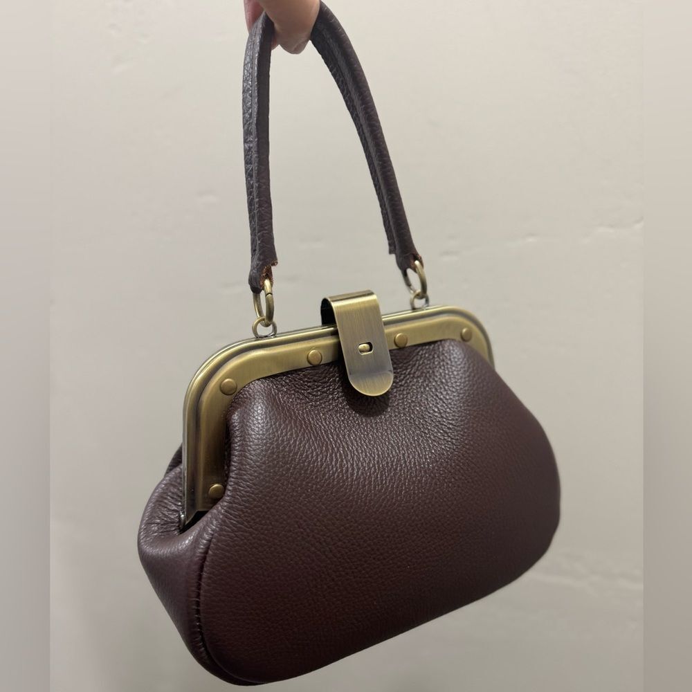 Pebble Cowhide Handmade Unique Rivet Frame Push Lock Handbag, Multi Use Style - Picture 11 of 16